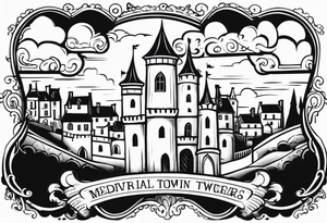 medieval town houses open gate towers garden circle vignette surrounded by clouds tattoo idea