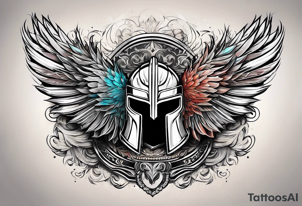 A Spartan Helmet with a phoenix encompassing it. The head of the phoenix would be above it and the wings would go around it and the tail would be below it tattoo idea