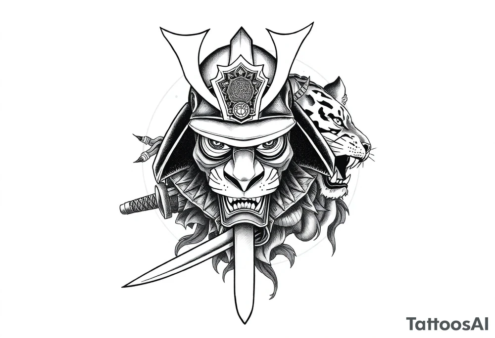 Samurai helmet resting on a katana blade, fierce tiger emerging behind it, traditional Japanese tattoo design, blackwork with soft grey shading, intense energy, bold line art, framed composition for forearm tattoo with full sleeve in mind, sketch ink style, minimal background, ration 2:3 vertical tattoo idea