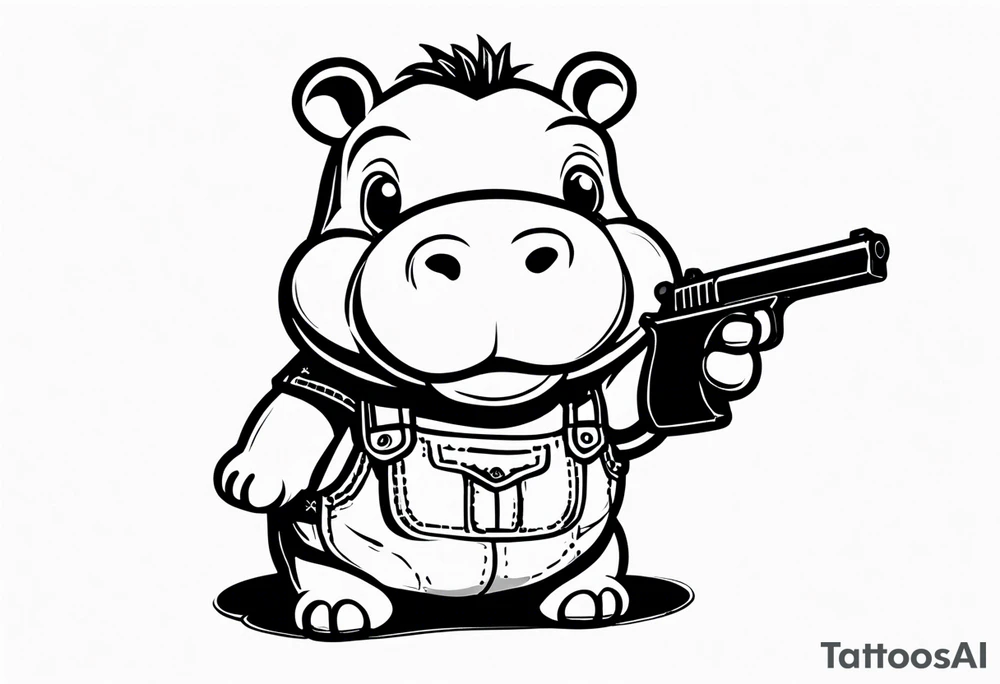 Baby hippo wearing overalls and holding a gun tattoo idea