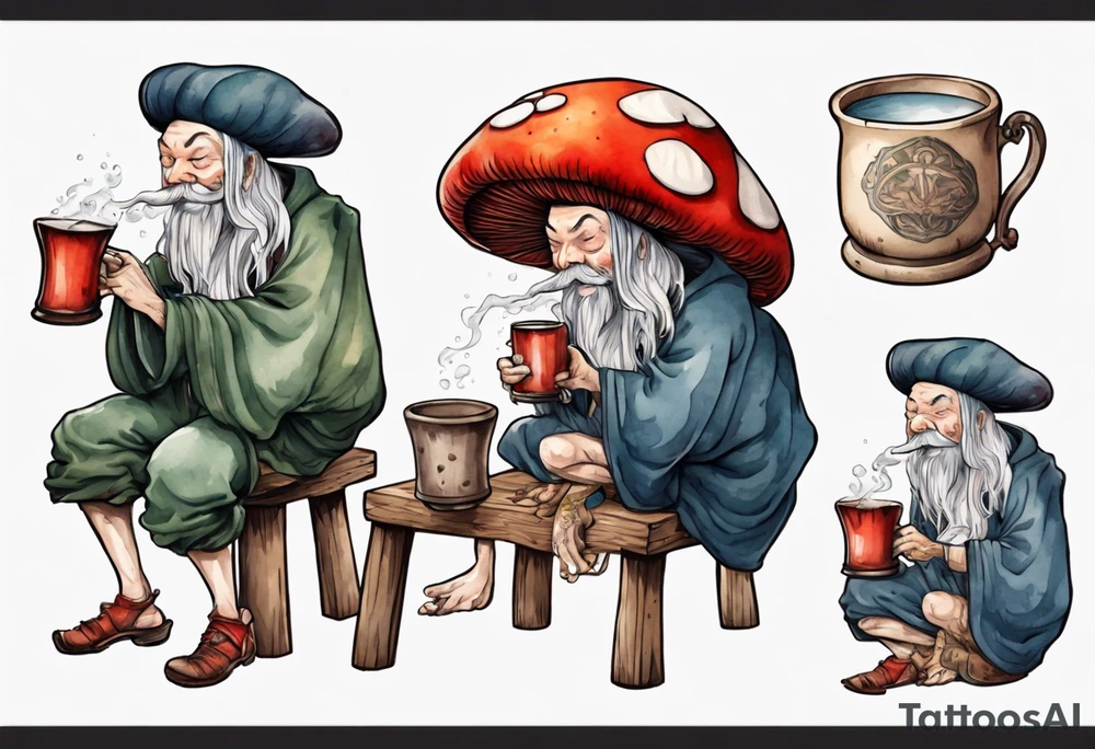 a mushroom wearing medieval clothes sitting on a stool drinking from a wood mug, laughing tattoo idea