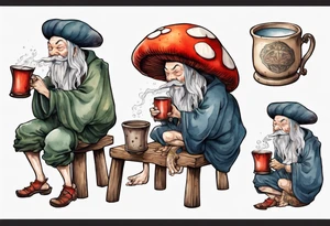 a mushroom wearing medieval clothes sitting on a stool drinking from a wood mug, laughing tattoo idea