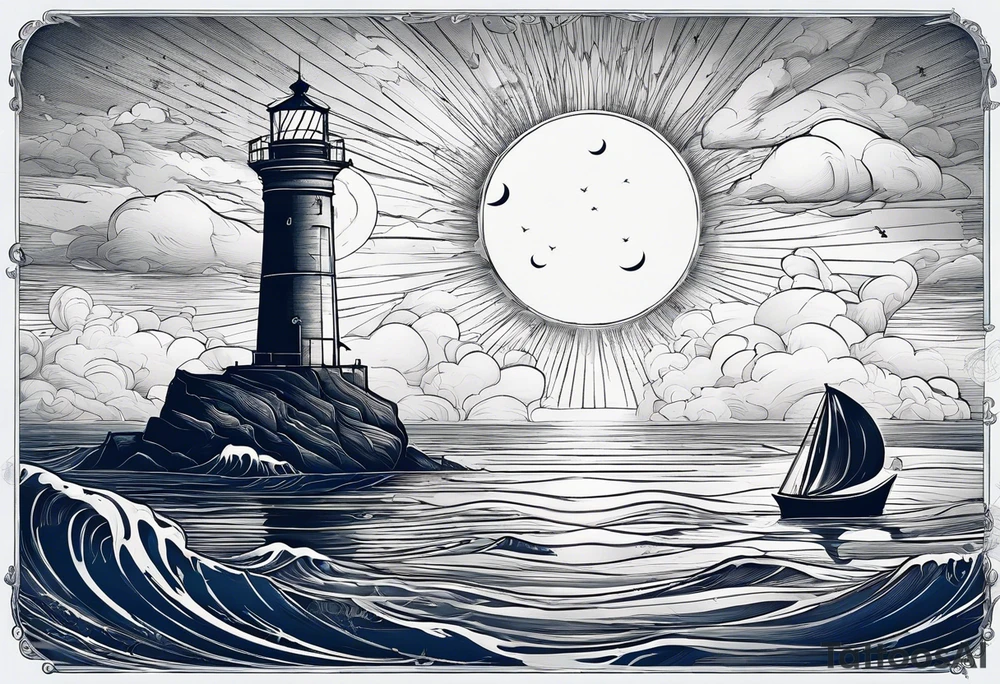 bateau, phare maritime et lune bleu tattoo idea