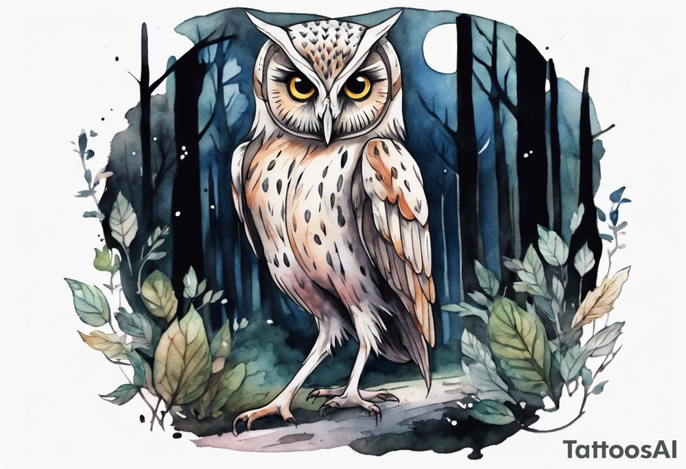 a creature with long legs and the head of an owl walking on a forest path at night tattoo idea