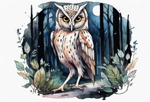 a creature with long legs and the head of an owl walking on a forest path at night tattoo idea