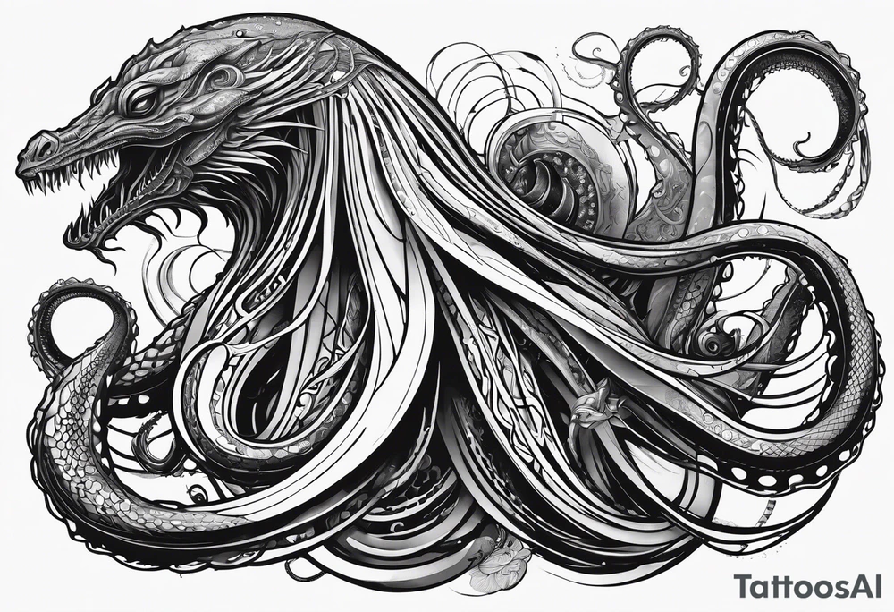 Lovecraftian creature, flowing into more futuristic technology elements. Long tentacles. tattoo idea