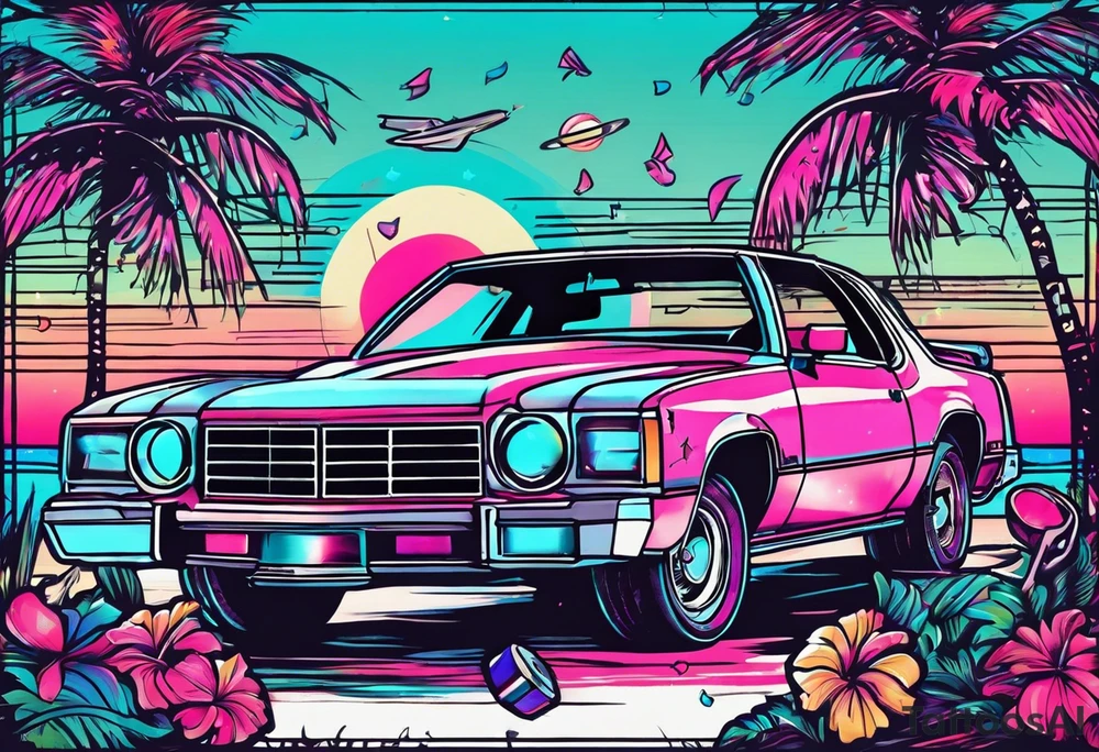 1980's miami vice style dance party with boom box, confetti, music notes in a retro eighties beach theme tattoo idea