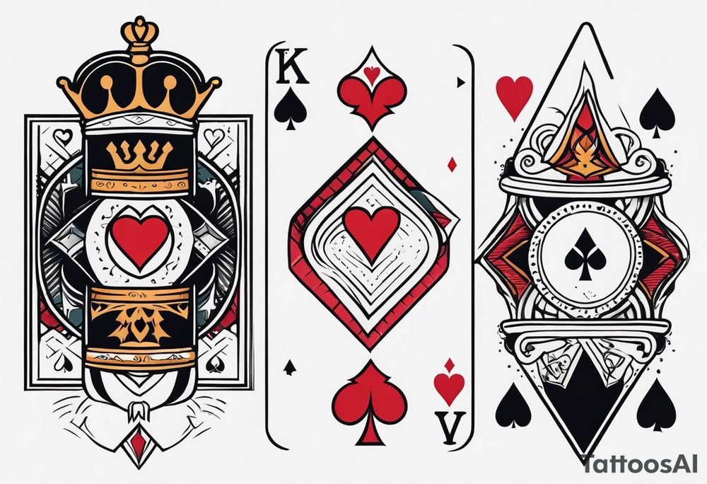 one combined tatto in minimalistic style with three king of spades and one queen of hearts tattoo idea
