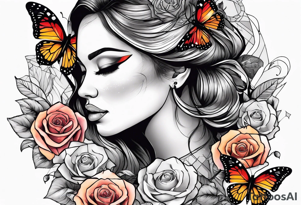 Sunset, rose, butterflies, dragonflies, woman face tattoo idea