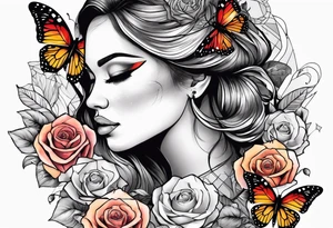 Sunset, rose, butterflies, dragonflies, woman face tattoo idea