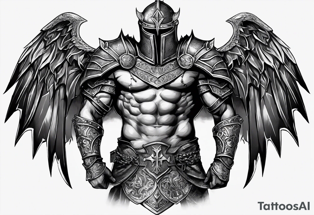 Upper arm, pectoral and back armor, demons crawling up bottom of the chest me back plates with heaven and cross on top of the armor plates, chainmail underneath arm plates tattoo idea