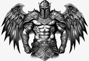 Upper arm, pectoral and back armor, demons crawling up bottom of the chest me back plates with heaven and cross on top of the armor plates, chainmail underneath arm plates tattoo idea