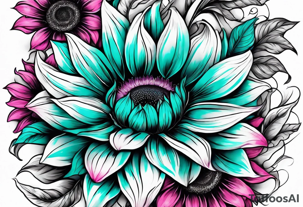 Teal, pink and purple sunflower sleeve tattoo idea