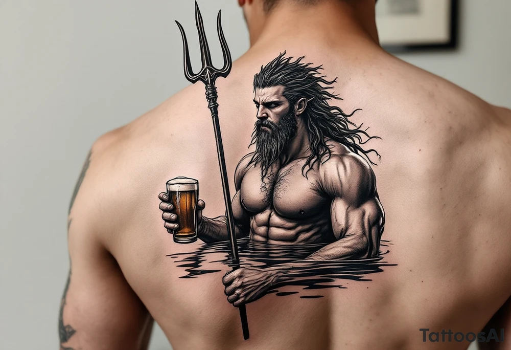 young, fit poseidon in calm water, behind a trident, holding a beer, with sunset tattoo idea