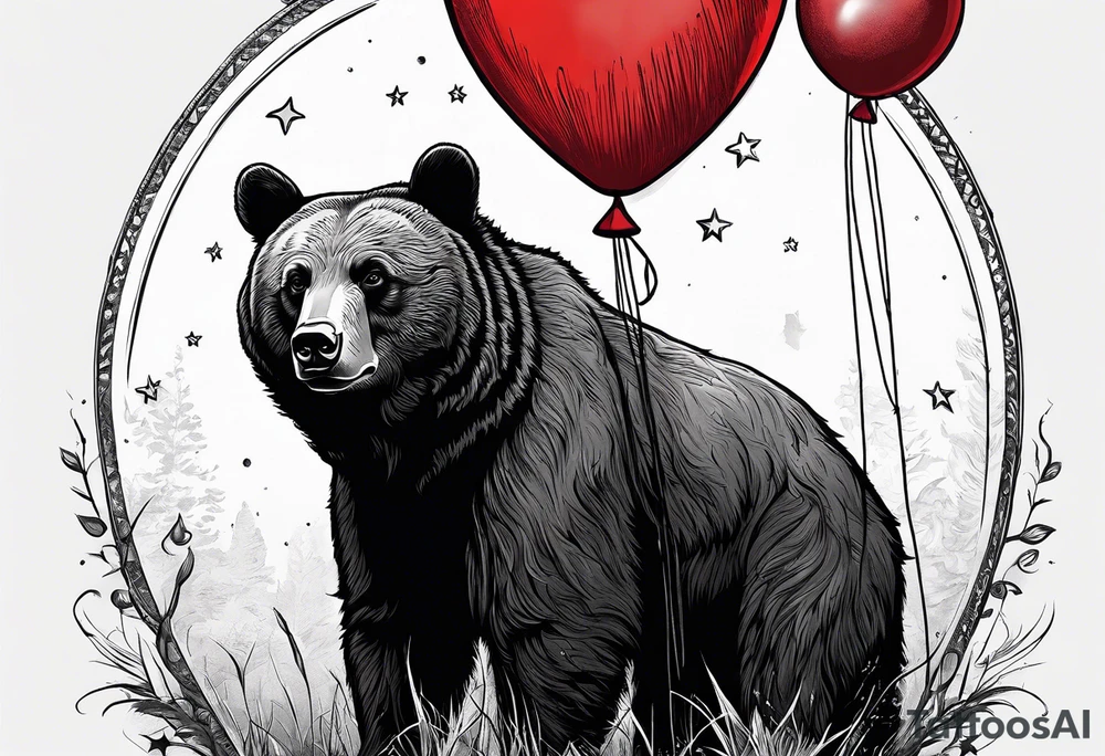 black bear protecting a headhog with a red baloon. The balloon has 5 little stars on it tattoo idea