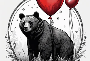 black bear protecting a headhog with a red baloon. The balloon has 5 little stars on it tattoo idea