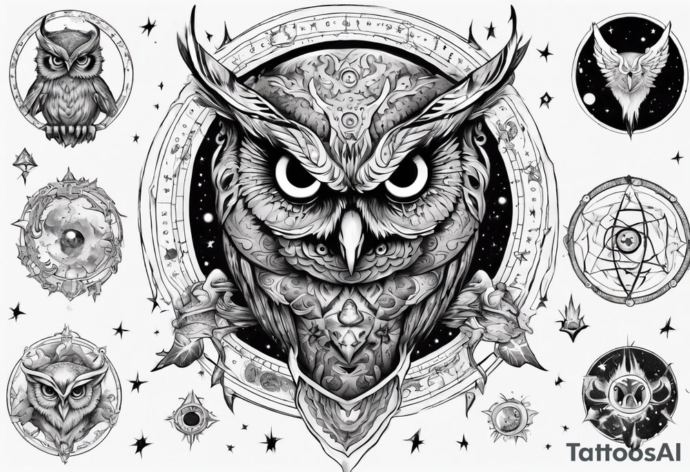 Demon Owl surrounded by cosmic magic  astrology. tattoo idea