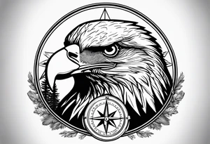Bald eagle head with forest scenery and compass tattoo idea