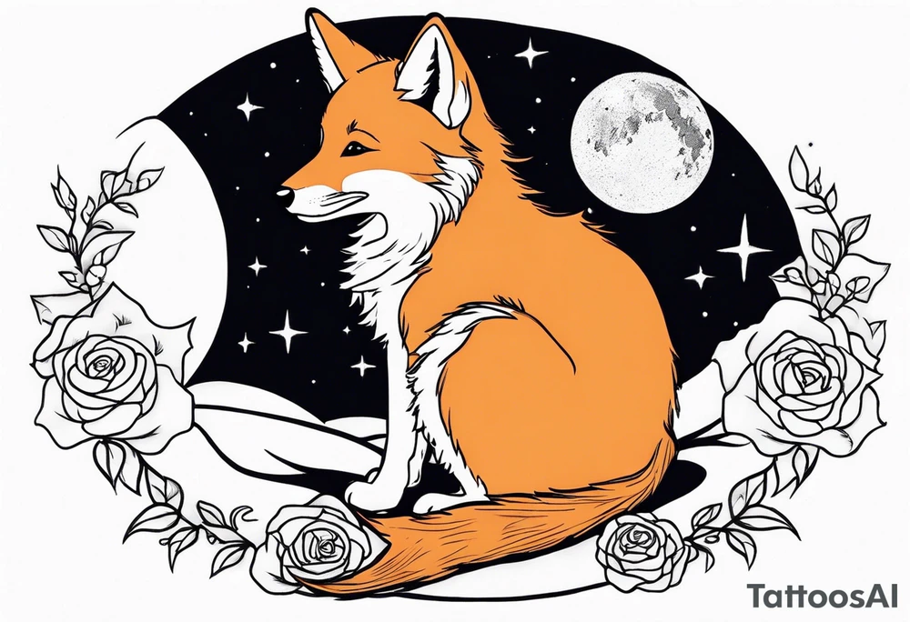 The Little prince sitting on his planet toghether with the fox on his planet besides his rose. Both are watching into the sky tattoo idea