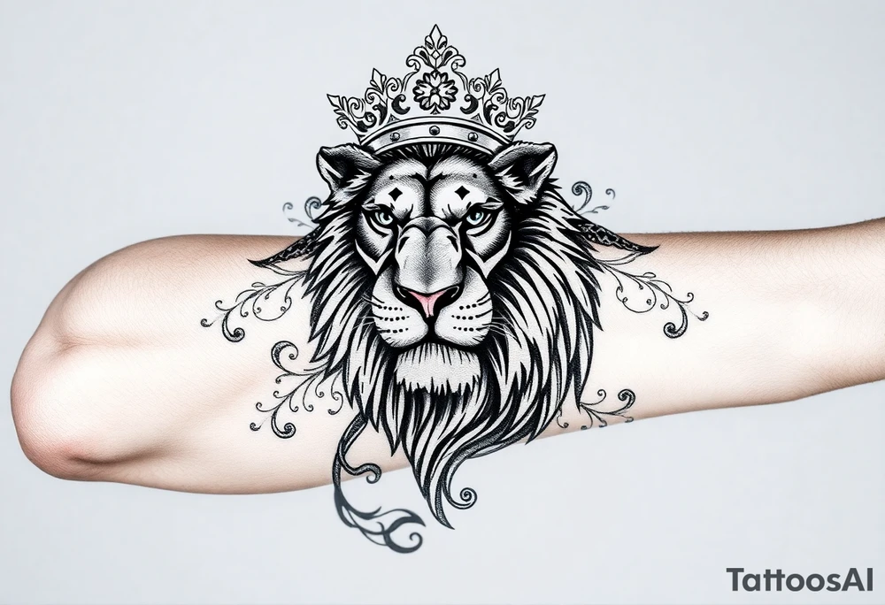 majestic lion wearing ornate crown, surrounded by baroque flourishes tattoo idea