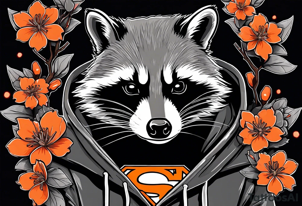 Raccoon wearing a white Superman logo on a black hoodie and orange Japanese cherry blossoms tattoo idea