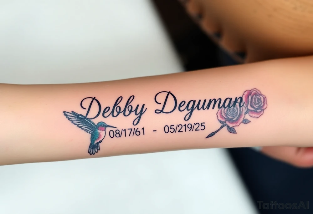 Tattoo of the exact name Debby Deguzman in chunky curly cursive with the exact dates of 08/17/61-05/29/25 surrounded by 1 hummingbird and 1 rose tattoo idea