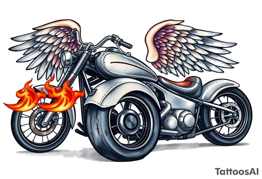 Low rider grey motorcycle, big muffler pipes with flames, angel wings, driving away, no person tattoo idea