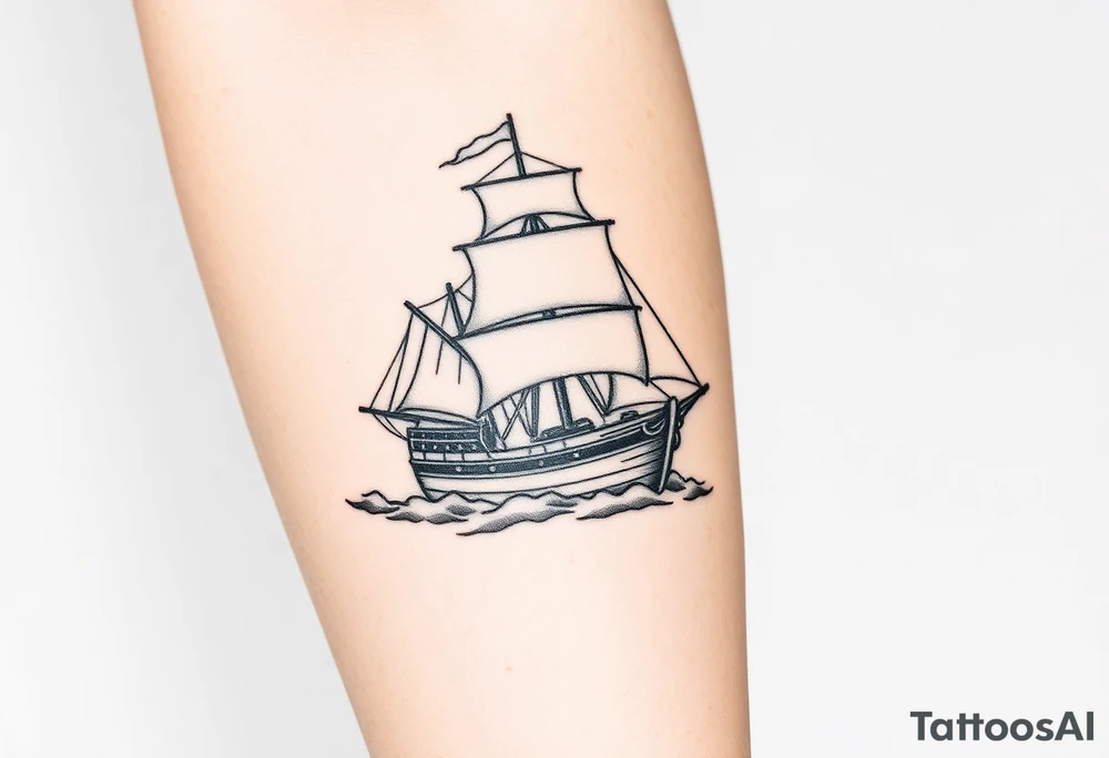 bland and white detailed linework drawing of Spaniard ship sailing for forearm tattoo idea