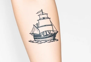 bland and white detailed linework drawing of Spaniard ship sailing for forearm tattoo idea