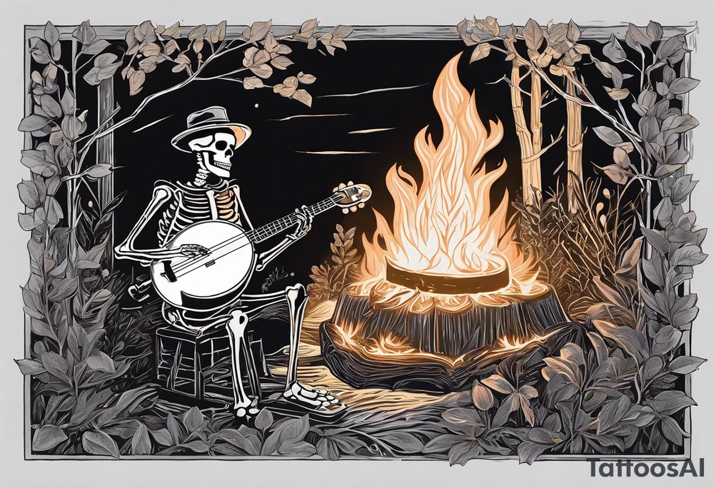 Foreground: The skeleton in a coal miner's hat, animatedly playing the banjo. The light from the campfire illuminates the skeleton and the nearby surroundings, casting intricate shadows.
Midground: The glowing campfire, with flames realistically designed in black and grey shades to emphasize movement and light.
Background: Subtle outlines and shading of rhododendron plants, giving a natural and dense feel to the woods. These can be stylized to blend seamlessly with the style of the tattoo.
Sky: A night sky speckled with stars, adding depth and a sense of time to the scene, with the stars providing a contrast against the dark sky. tattoo idea
