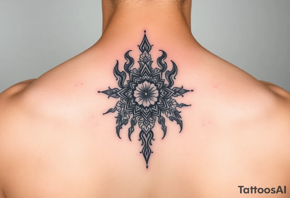 Tori on a man’s hand with designs tattoo idea