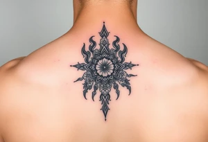 Tori on a man’s hand with designs tattoo idea