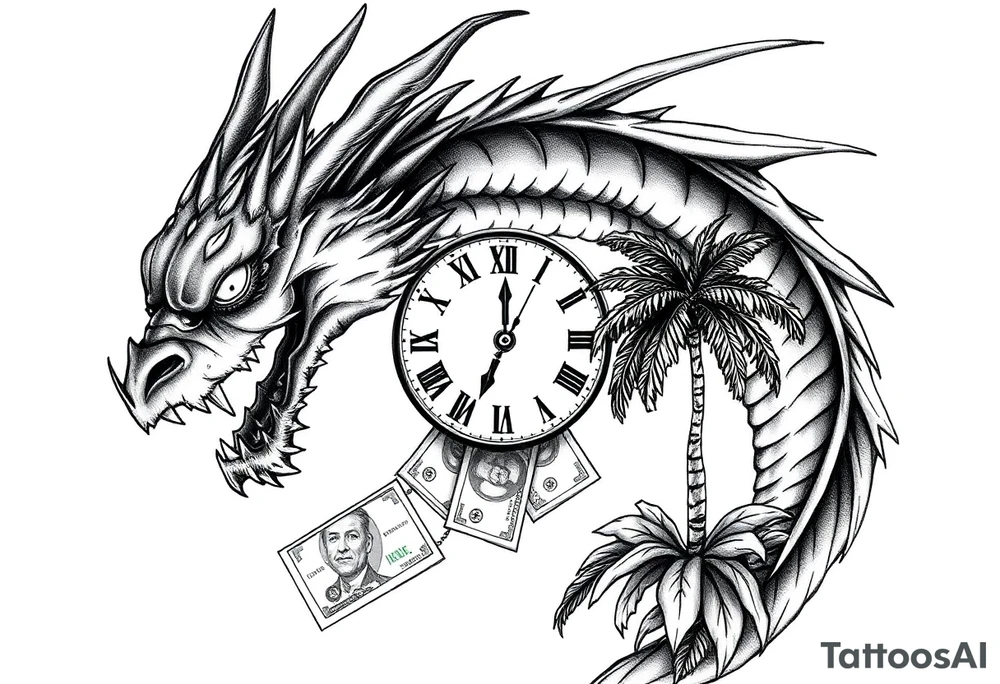 Horror dragon tattoo with clock, dollars and palm tree on background tattoo idea