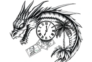 Horror dragon tattoo with clock, dollars and palm tree on background tattoo idea