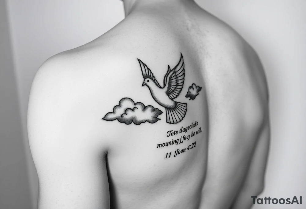 sun rays starting on shoulder going a bit onto chest and down arm with some clouds, mourning dove, bible verse 1 John 4:21 written on the bicep tattoo idea