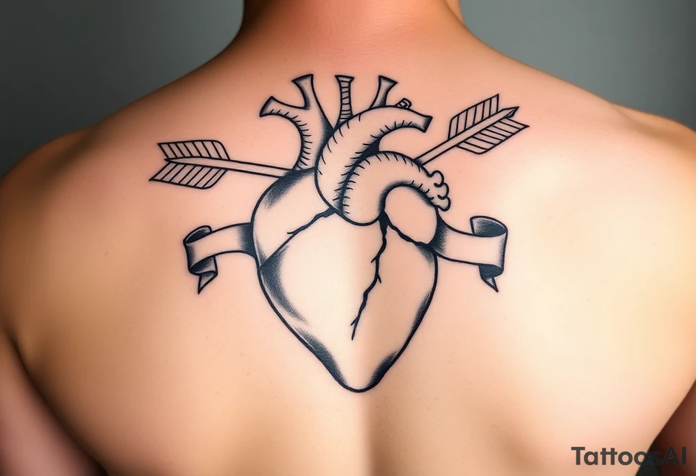 anatomical heart pierced by ornate arrow with flowing ribbons tattoo idea