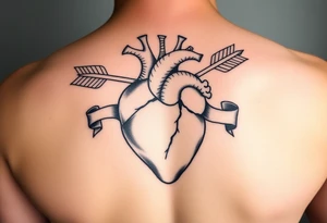 anatomical heart pierced by ornate arrow with flowing ribbons tattoo idea