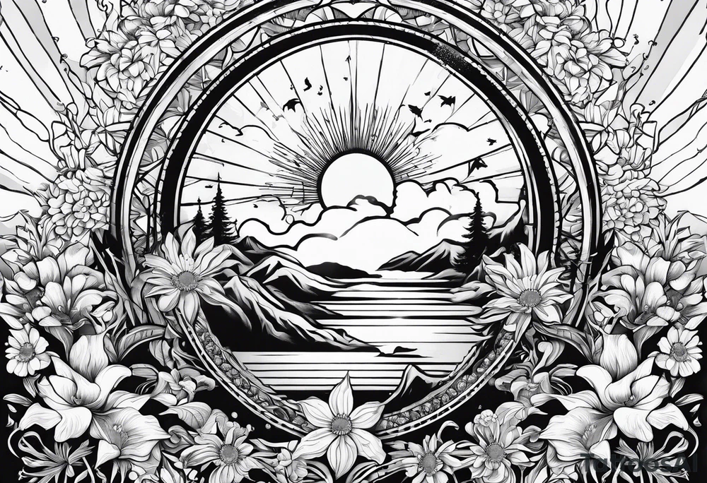 om, sparrow, sunrays, staircase, cosmos, iris, daisy tattoo idea