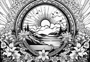 om, sparrow, sunrays, staircase, cosmos, iris, daisy tattoo idea