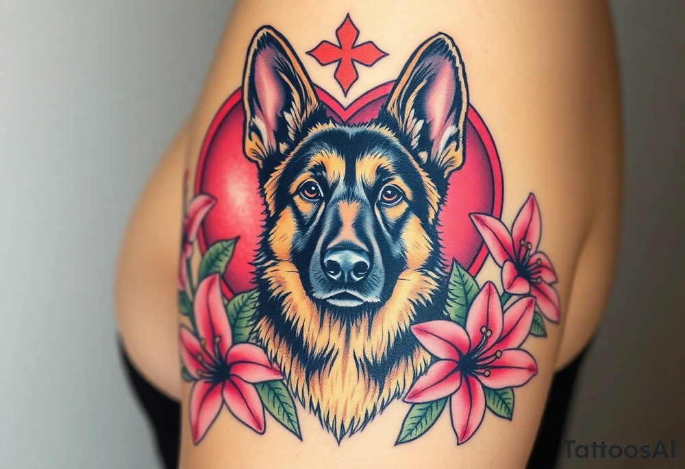 realistic german shepherd with alert ears looking protective surrounded by pink lilies with leaves in front of a sacred heart tattoo idea