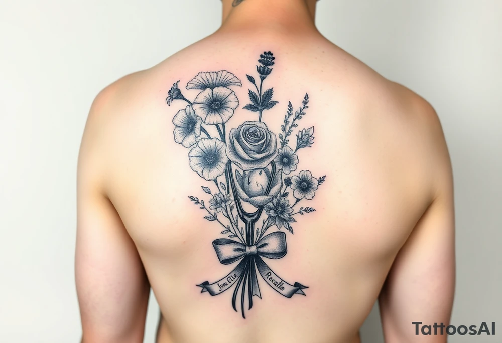 Half arm sleeve tattoo of 3 hollyhock flowers, one wild rose, 5 wild flowers in a bouquet with ribbon bow towards the bottom like the just got picked. On the ribbon include three names: June Etta, Roxy, Rosalie. Next the bouquet put a full realistic doctors stethoscope tattoo idea