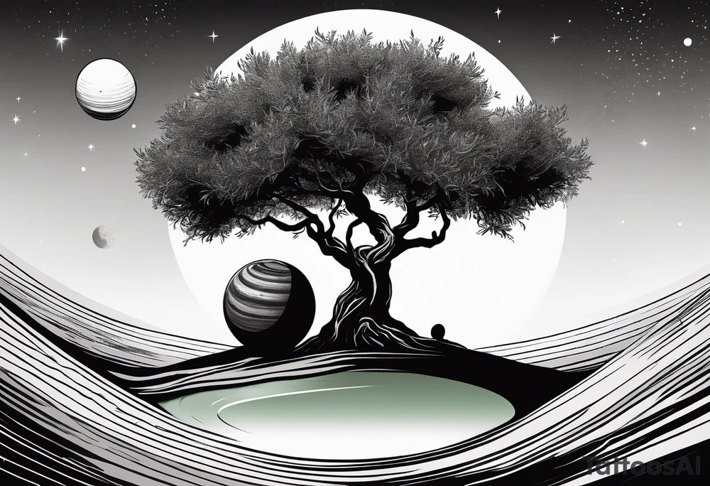 An olive tree in a black hole  with a small Saturn-like planet in in the background. tattoo idea