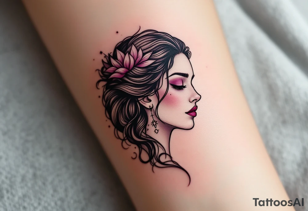Fine black linework of the Virgo constellation curves behind a stylized goddess in plum and wine hues tattoo idea