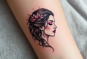 Fine black linework of the Virgo constellation curves behind a stylized goddess in plum and wine hues tattoo idea