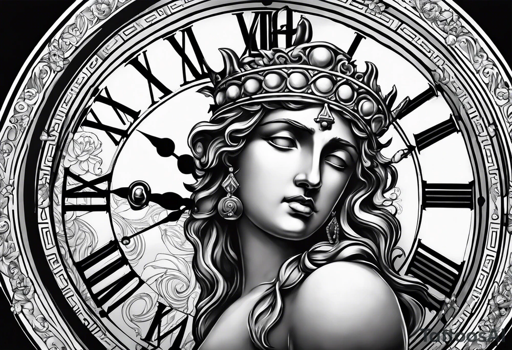 Greek god, clock, rosary tattoo idea