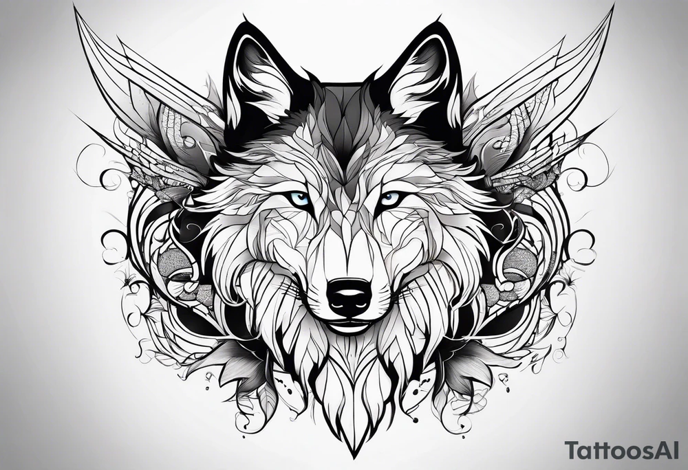 wolf's and woman's head split in half tattoo idea