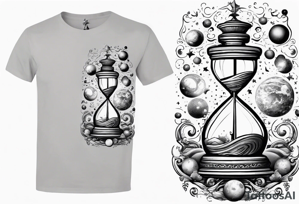 Mix an hourglass with a nautical clock with the addition of planets, galaxies to give a design to print on a t-shirt, the design should be in one color in the form of a tattoo and all the shapes should be mixed to give one shape tattoo for all arms. tattoo idea