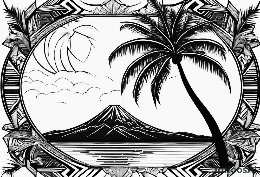 fineline tattoo of a palm tree with a volcano on the back tattoo idea