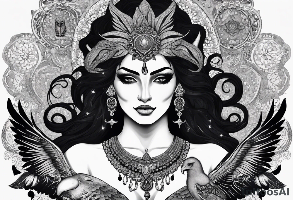 black kali, goddess pirate, alien, angel, pachamama, valkrye, warrior, flying, skull, lotus azul, wing, eagle, zenza resonance, stars, 5D, anahata chakra, death, durga, riding on a tiger, flying lady, kundalini, chest tatoo, samuri, rebel tattoo idea
