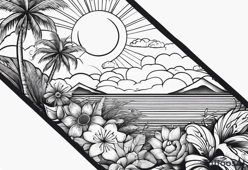 arm sleeve, clouds, dove, sun, flowers, palm trees, tattoo idea arm sleeve, clouds, dove, sun, flowers, palm trees, tattoo idea